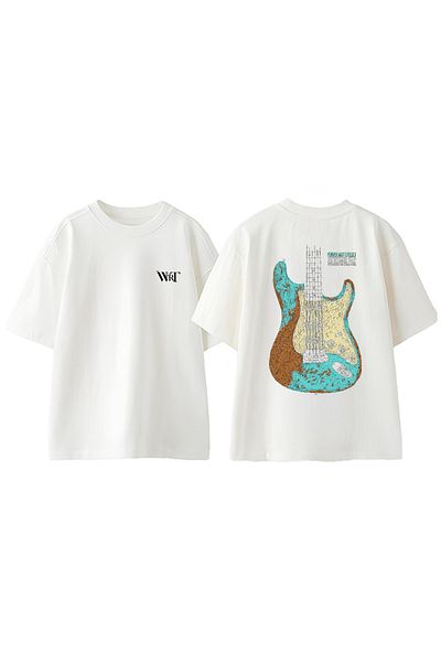THEWERT Blue Guitar Design Back Printed Cotton White Oversize T-Shirt