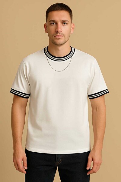 dwnwear Unisex New Season Oversize Καλοκαιρινό χτενισμένο βαμβακερό ύφασμα με λεπτομέρεια γιακά και μανίκια 2 τεμαχίων ασπρόμαυρο μπλουζάκι