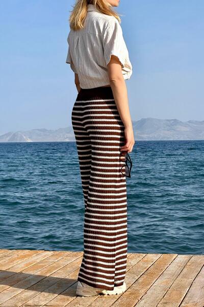 CHUBA Kadın Ispanyol Paça Triko Flare Fit Çizgili Desenli Pantolon Kahve-vanilya 25s3027