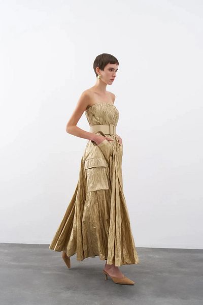 cercis Belt Detailed Pocket Strapless Shiny Long Evening Dress