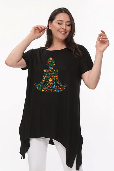 Curvy Trend Large Size Floral Yoga Printed Short Sleeve Slit Basic Blouse