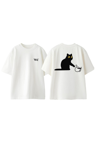 THEWERT Sakar mačka Dizajn Leđa Štampano Pamuk Bela Oversize kroj T-shirt