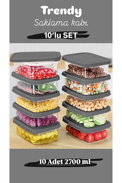 Doğuş Mutfak 10 Pieces Rectangular Food Storage Container - Microwave Suitable Organizer Organizer 2700 ml Gray