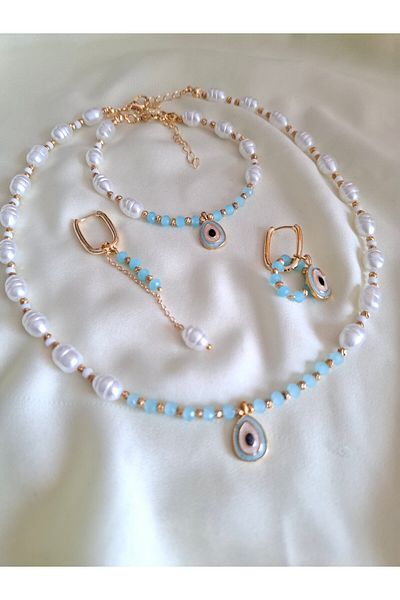 İPAR AKSESUAR Baroque Egg Pearl - Crystal Necklace Bracelet and Earring Set