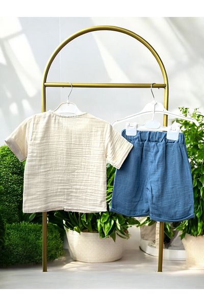 Baby Golden Set băieți muselină cu cămașă și pantaloni scurți |   De sărbători – 2 bucăți