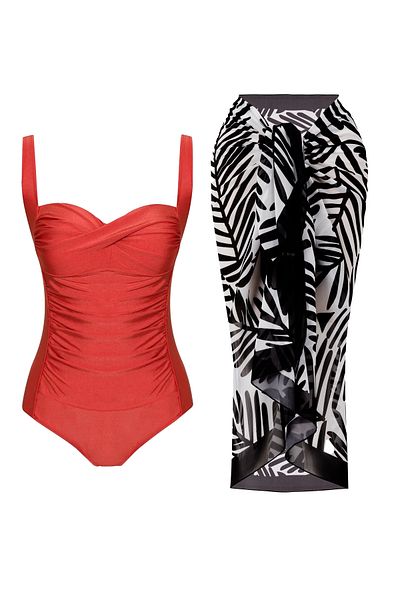 CUPSEA Women's Front Draped Cinnamon Swimsuit Black Leaf Pattern Pareo Set of 2 Stylish and Slimming Effect