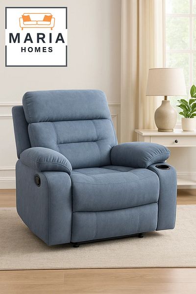 MARIA HOMES Blue Recliner Chair with Cup Holders – Plush Fabric Armchair for Living Room Comfort & Relaxation