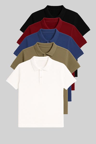 COMBİNE MİCHAİL Men's 5-Piece 100% Cotton Polo Neck T-Shirt Black-Claret Red-Indigo-Khaki-White