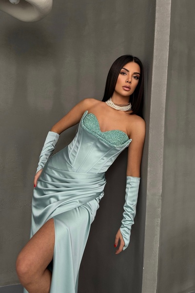 İyem Abiye Saten Seyyar Kollu Göğüs Taş Detay Şık Abiye Elbise Tam Kalıp