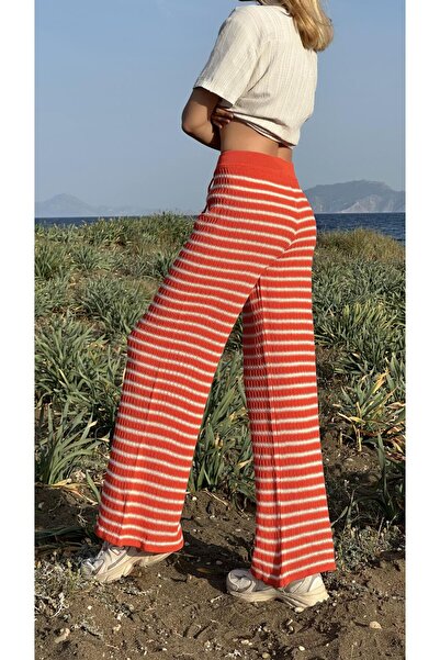 CHUBA Kadın İspanyol Paça Triko Flare Fit Çizgili Desenli Pantolon Turuncu-Vanilya 25S3027