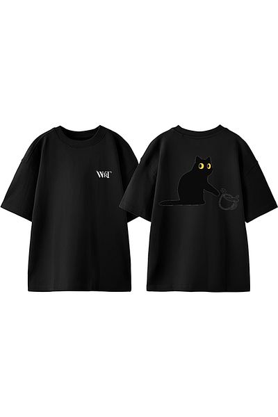 THEWERT Sakar Cat Design Back Printed Cotton Black Oversize T-Shirt
