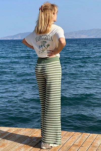CHUBA Women's Flared Knitwear Flare Fit Striped Patterned Trousers Green-White 25S3027