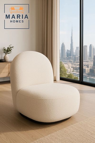 MARIA HOMES كرسي استرخاء عصري أبيض دوار - مقعد من قماش بوكليه