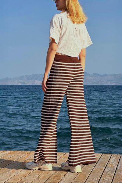 CHUBA Kadın Ispanyol Paça Triko Flare Fit Çizgili Desenli Pantolon Kahve-vanilya 25s3027