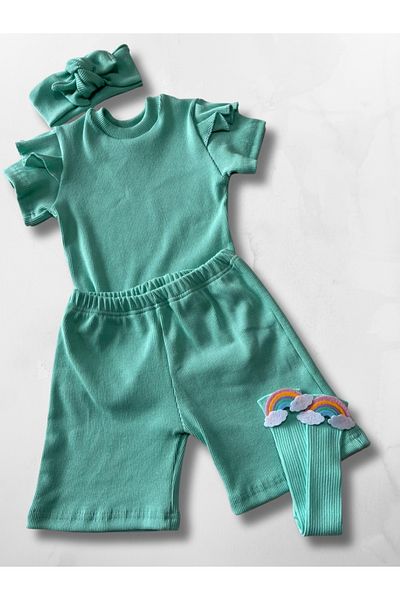 özge başaran Mint Girl's 4-Piece Set – Ruffled Shorts T-Shirt Socks Band Combination