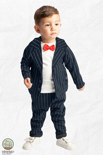 ninnigo Papyonlu Çizgili %100 Pamuklu Erkek Bebek Takım Elbise 3'lü Set - Ceket, Tişört, Pantolon