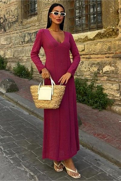 modaserdem Women's Openwork V-Neck Summer-Comfortable-Casual Dress