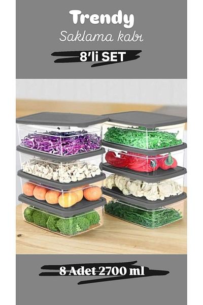 Doğuş Mutfak 8 Pieces Rectangular Food Storage Container - Microwave Suitable Organizer Organizer 2700 ml Gray