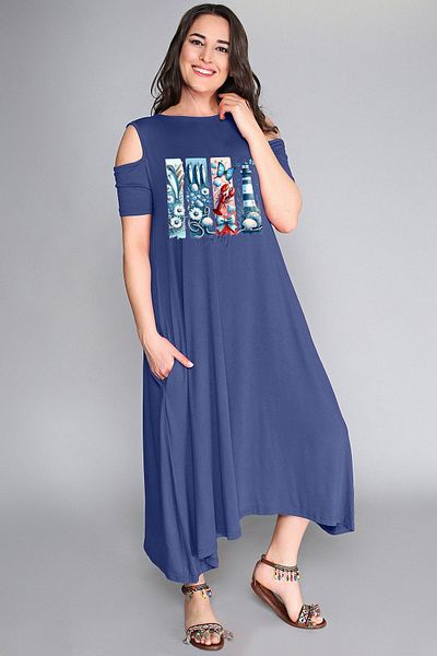 Curvy Trend Φόρεμα με στάμπα με αλμυρό φάρο με ανοιχτό ώμο