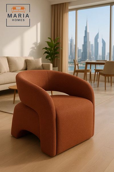 MARIA HOMES Rust Orange Modern Curved Fabric Armchair – Minimalist Accent Chair for Living Room