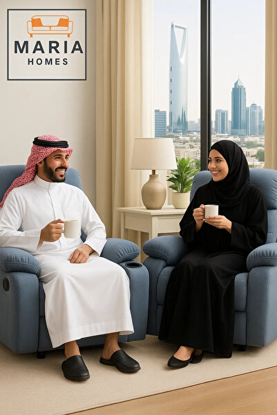 MARIA HOMES Blue Recliner Chair with Cup Holders – Plush Fabric Armchair for Living Room Comfort & Relaxation