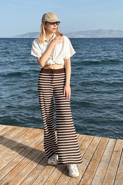 CHUBA Women's Flared Knitwear Flare Fit Striped Patterned Trousers Brown-Vanilla 25S3027