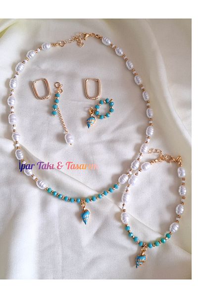 İPAR AKSESUAR Baroque Egg Pearl - Crystal Necklace Bracelet and Earring Set
