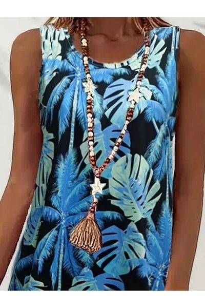 MODAVERA Women's Blue Leaf Printed Strappy Single Jersey Dress