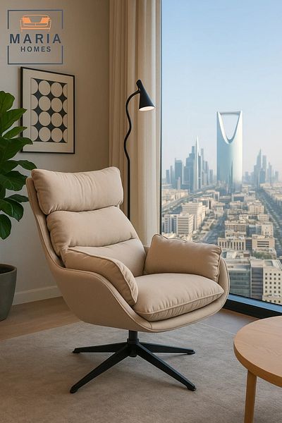 MARIA HOMES Beige Faux Leather Lounge Chair with Cushioned Headrest – Modern Accent Chair for Home & Office