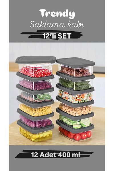 Doğuş Mutfak 12 Pieces Rectangular Food Storage Container - Microwave Suitable Organizer Organizer 400 ml Gray