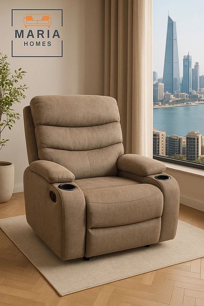 MARIA HOMES Brown Recliner Armchair with Cup Holders – Soft Fabric Lounge Chair for Living Room & Home Theater