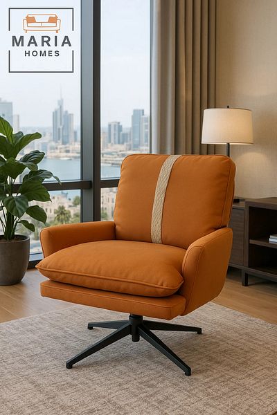 MARIA HOMES Modern Orange Lounge Chair with White Accent Stripe – Faux Leather Comfort Chair for Living Room