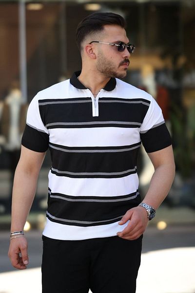 modaserdem Men's Collared Zippered Double Color Short Sleeve T-Shirt