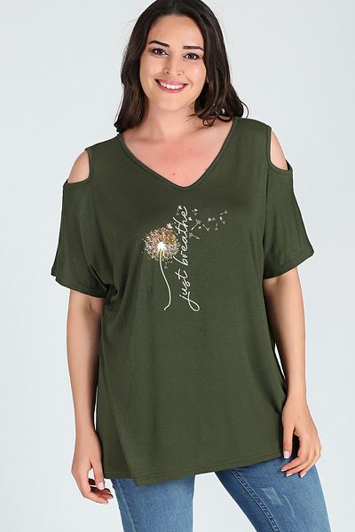 Curvy Trend Large Size Breathe Printed Shoulder V Window Short Sleeve Blouse