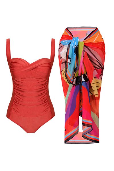 CUPSEA Women's Front Draped Cinnamon Swimsuit Rainbow Patterned Multicolored Pareo Set of 2 Stylish and Slimming Effect