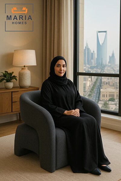 MARIA HOMES Contemporary Curved Armchair in Dark Gray Fabric – Modern Lounge Accent Chair