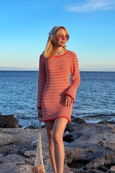 CHUBA Rochie de plajă mini tricotaj cu dungi ajurate spaniole pentru femei portocaliu-vanilie 25S3024