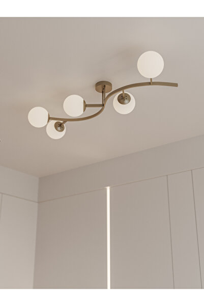 avizade Noria Eskitme Metal Gövdeli 5’li Beyaz Cam Küre Avize | Modern Kavisli Tavan Aydınlatma Avize Modeli