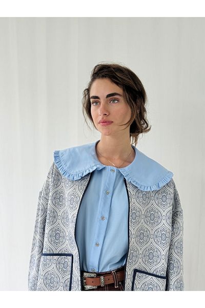 Retrobird Design Baby Guler Cămașă ușoară cu mâneci pepene verde Femei Albastru