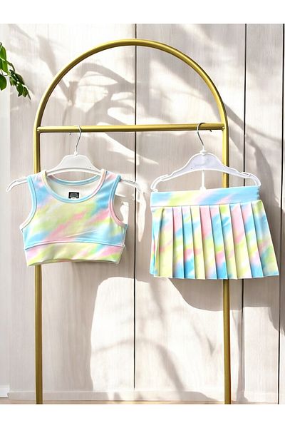 Lyrax Colorful Pleated Skirt 2-Piece Swimsuit with Shorts & Sports Tank Top