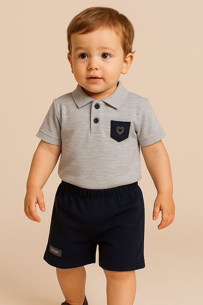 MODA Boy's Polo Neck Suit Gray T-Shirt Navy Blue Shorts