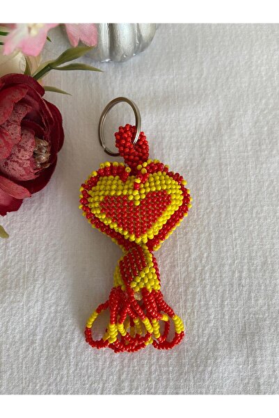 Handmade KUM BONCUK EL İŞİ SARI KIRMIZI KALP ANAHTARLIK