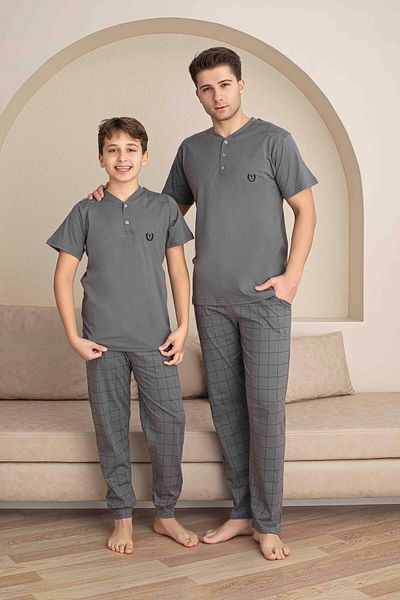 Tarık Father Son Combination Short Sleeve Buttoned Collar Long Bottom Combed Fabric Medium Thick V-Neck Pajamas Set