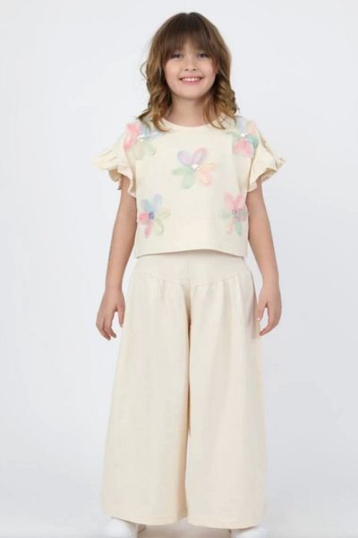Kidmark Çocuk Modası Girl's Flower Detailed Cream Wide Leg Suit