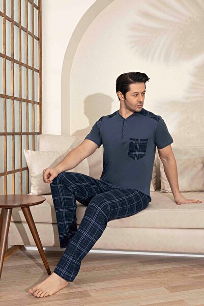 Tarık Батько і син комбінований короткий рукав картатий довгий низ трикотажна тканина середньої товщини V-подібний комір піжама комплект-3993