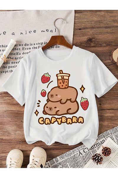 Let's Wear Capybara Printed Crew Neck Χτενισμένο Βαμβακερό T-shirt για κορίτσια και γυναίκες