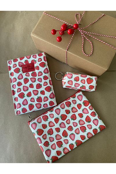tiny wood Strawberry-Owl Patterned Leather Covered Notebook Set |   14X20 cm Striped Notebook