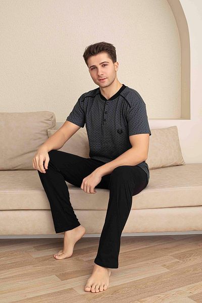 Tarık Men's Short Sleeve Button Collar Long Bottom Combed Fabric Medium Thick V-Neck Pajamas Set-5313