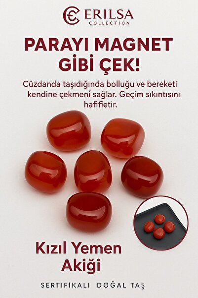 Erilsa Sertifikalı Cüzdan Boy Tamburlanmış Kızıl Yemen Akiği Taşı Kütle - Güç...