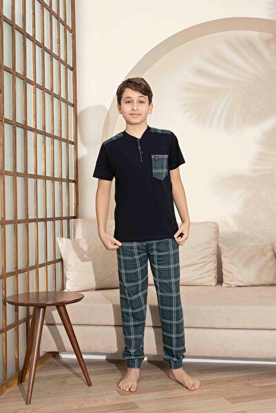 Tarık Батько і син комбінований короткий рукав картатий довгий низ трикотажна тканина середньої товщини V-подібний комір піжама комплект-3993
